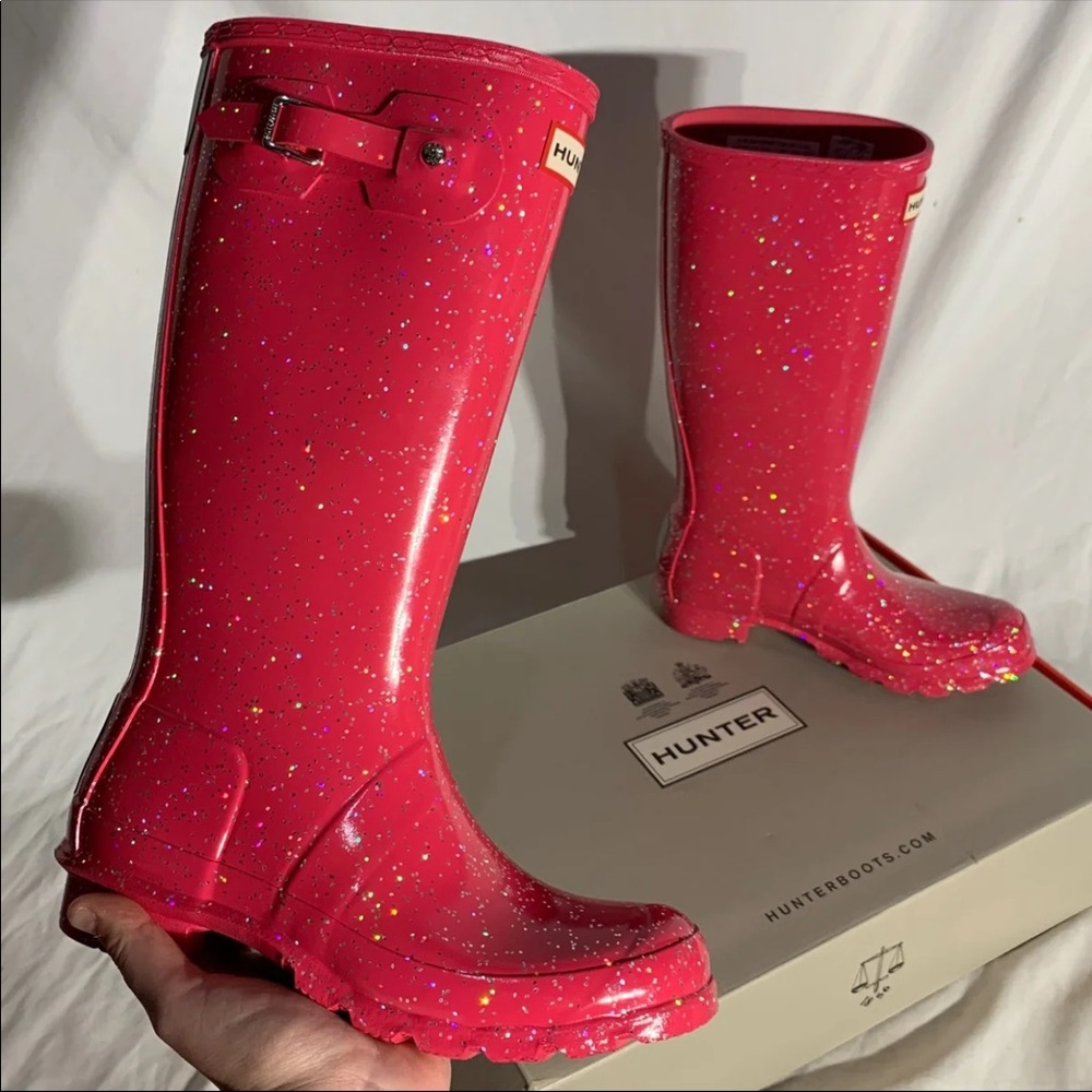 Hunter Original Gloss Giant Cosmic Glitter Pink High Top Boots - Womans 5.5 6.5 - Picture 7 of 7